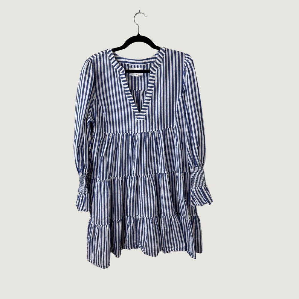 Pomander Place Striped Tiered Cotton Mini Dress Blue White XL Coastal Preppy